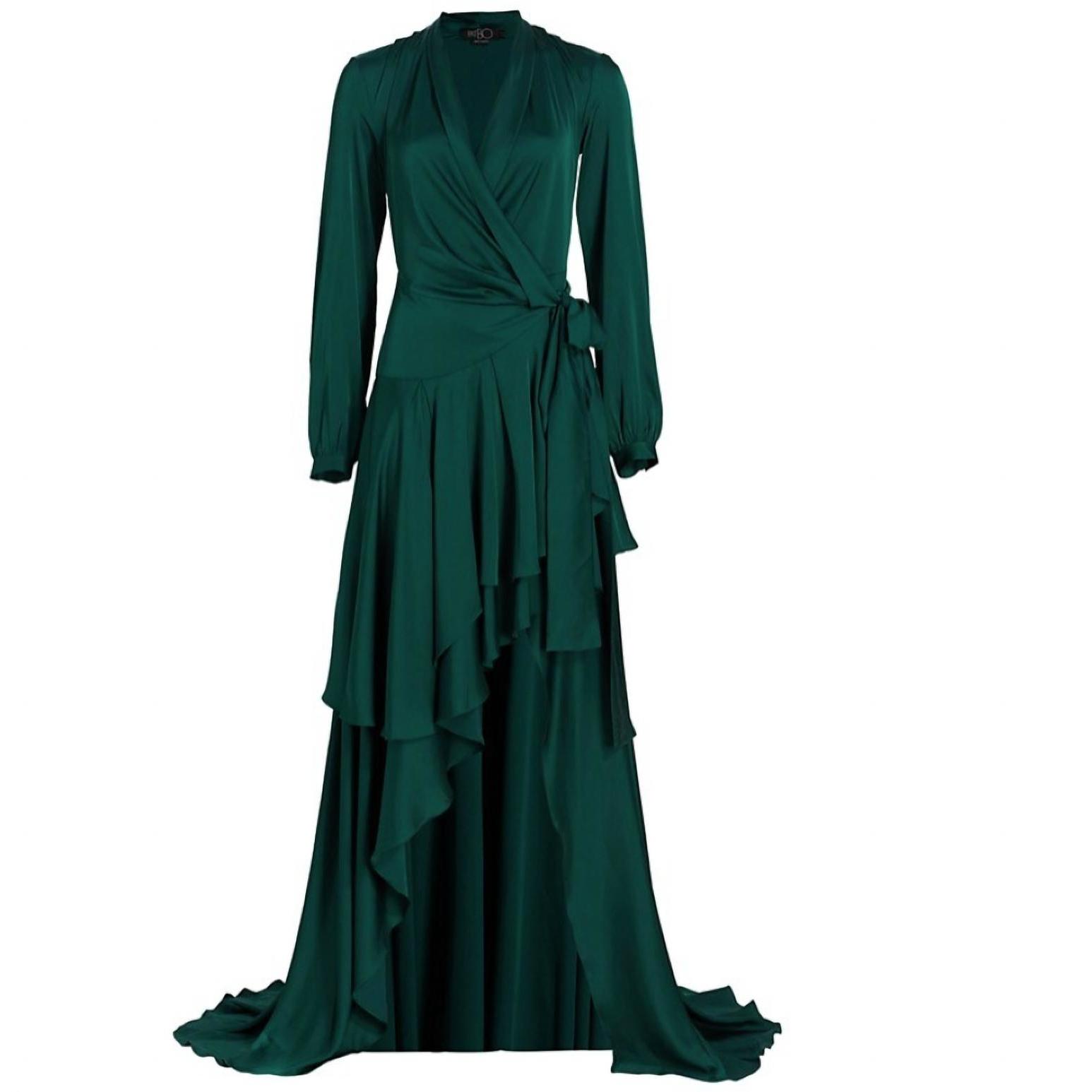 New Patbo Women Long Sleeves Stretchy Rib Knit Hi-Low Wrap Style Maxi Dress In P